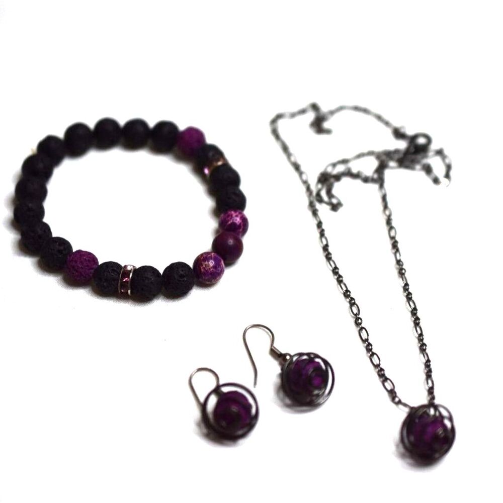3pc Set (Lava)7" Bracelet Dark Metal Caged Purple Crystal Earrings/19" Necklace